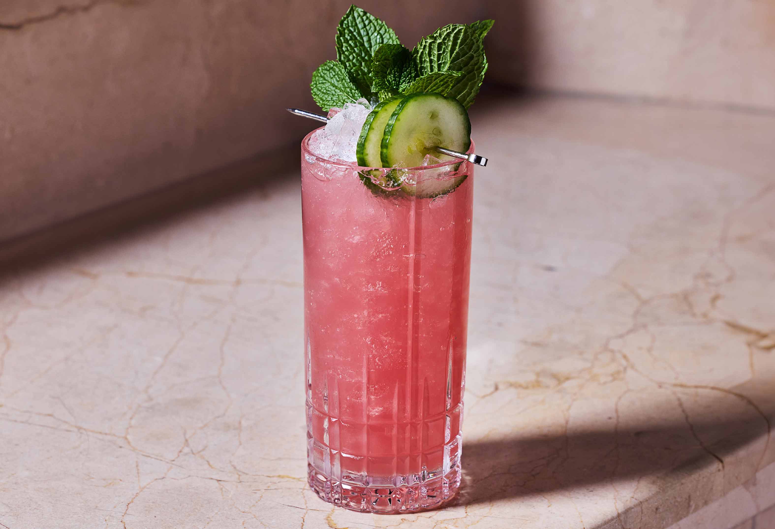 Pink cocktail with cucumber at L Bar at Seminole Hard Rock Hollywood