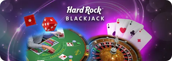Hard Rock Blackjack game table with dice, cards, and a roulette wheel