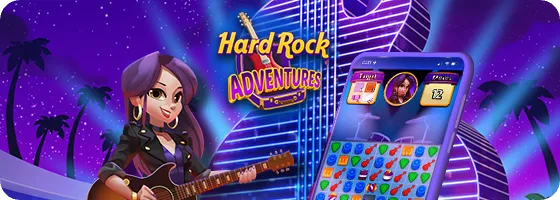 Hard Rock Adventures game screen with a female character holding a guitar
