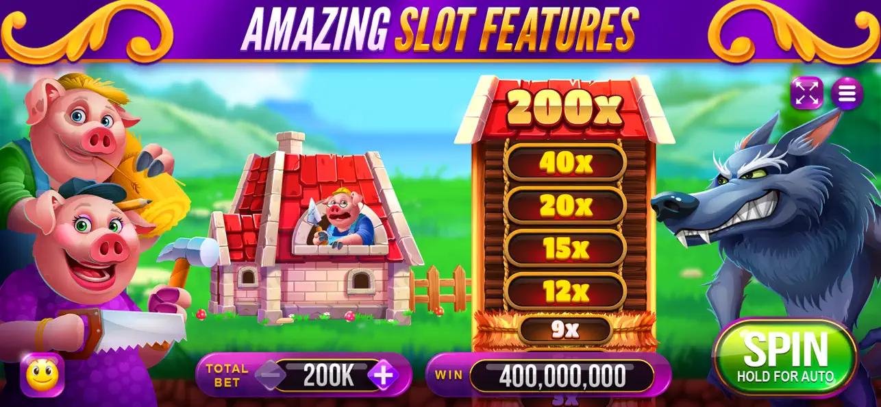 3 Lucky Pigs feature screen with pig characters, a wolf, multiplier tower, and Spin control