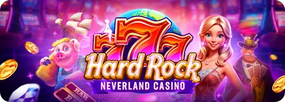 Hard Rock Neverland Casino banner with characters and slot games