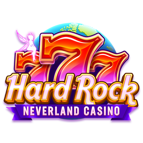 Hard Rock Neverland Casino logo featuring glowing red 777 slot icons with a fairy silhouette on a colorful globe backdrop.