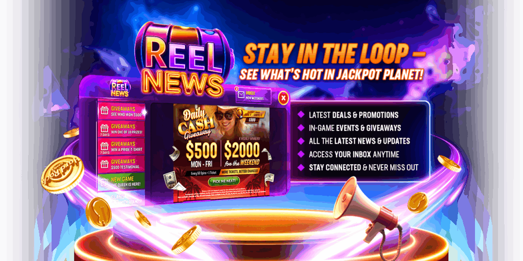 Hard Rock Jackpot Planet Reel News screen with giveaways and updates