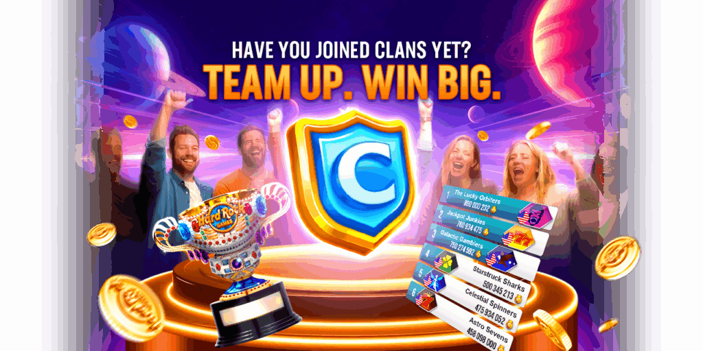 Hard Rock Jackpot Planet Clans screen with team leaderboard