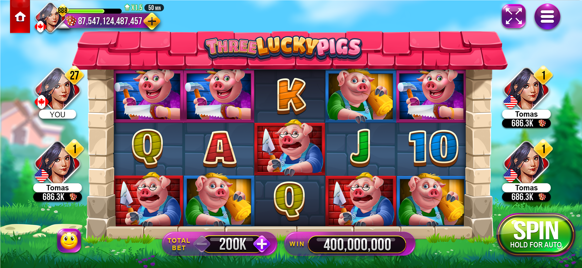 3 Lucky Pigs base reels shown as an example of social casino slot gameplay
