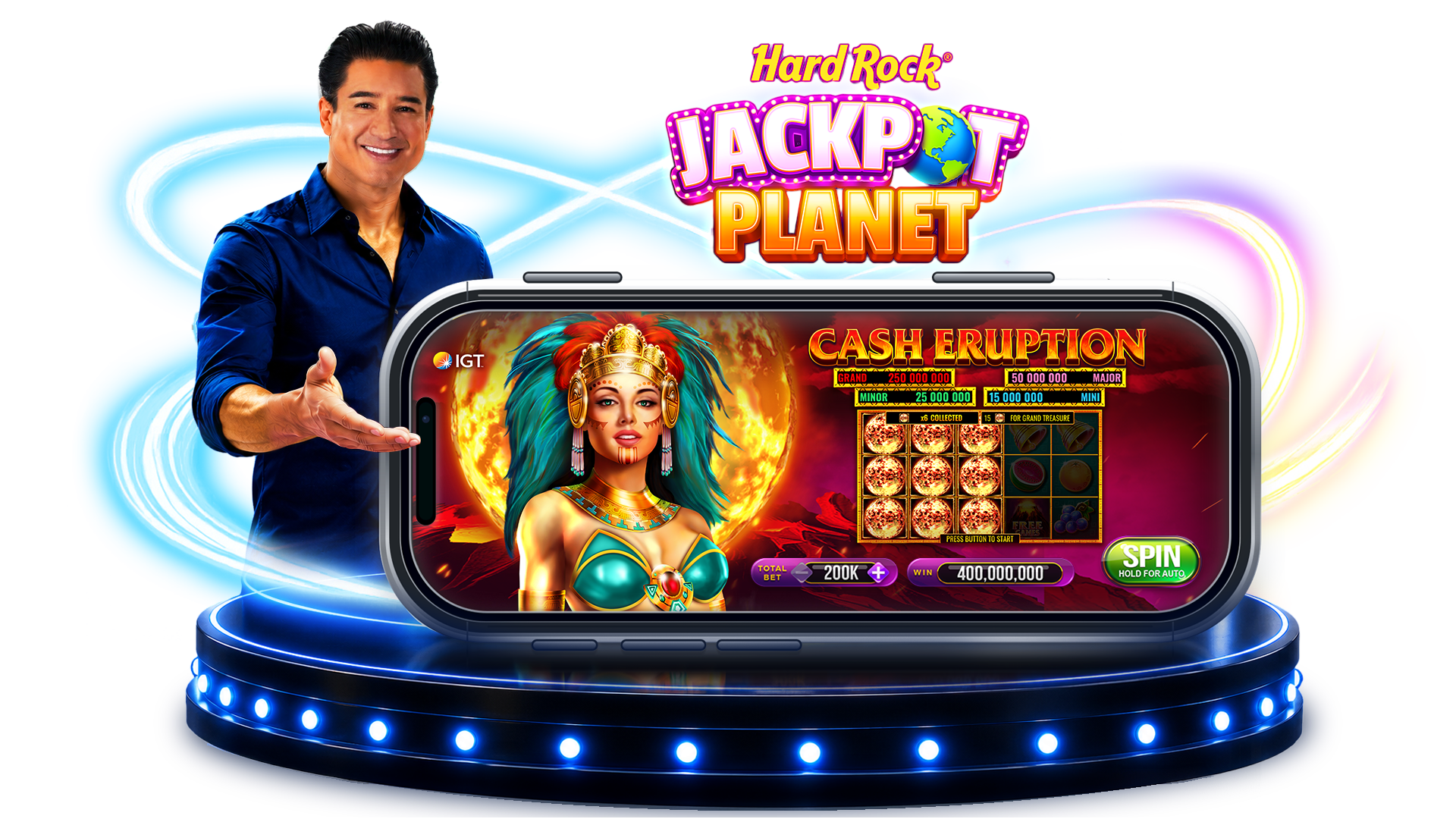 Hard Rock Jackpot Planet mobile app with Mario Lopez and Cash Eruption gameplay