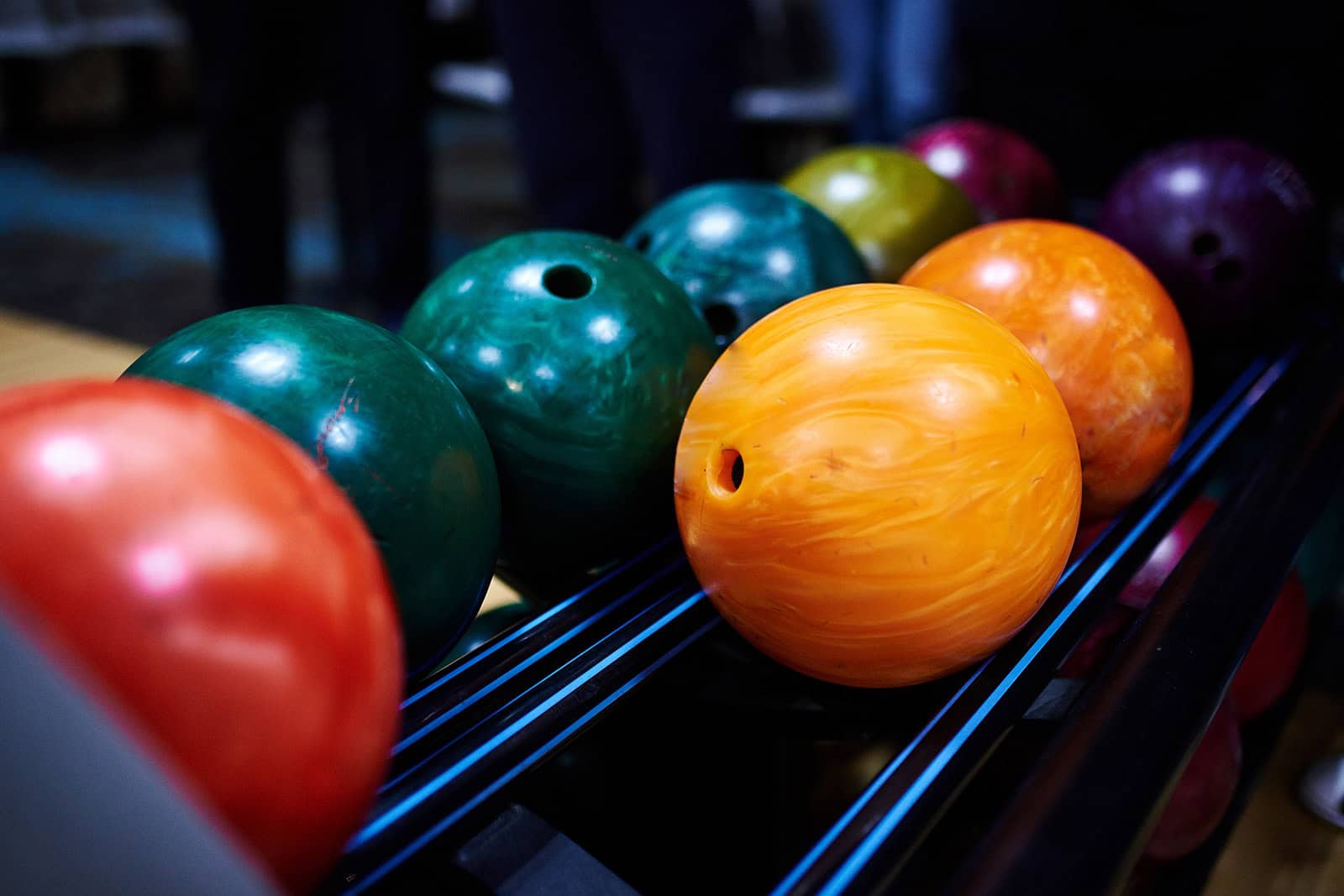 a row of bowling balls