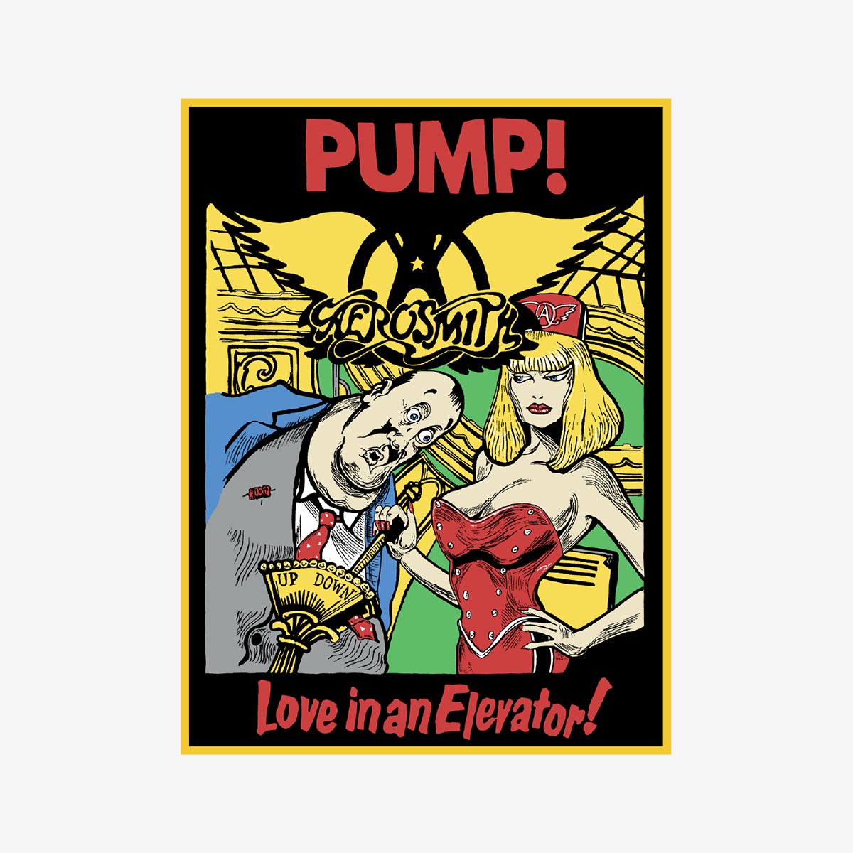 Aerosmith Artist Series pin with Pump! text at the top, Love in an Elevator text at the bottom, two illustrated characters, and a gold-tone border. image number 1