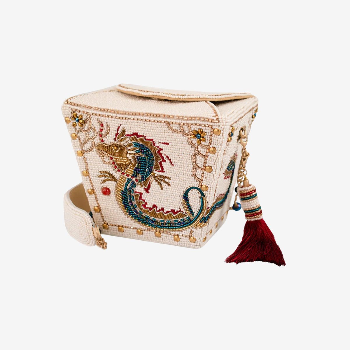 Mary Frances Noble Dragon Handbag shaped like a takeout container with an embellished dragon motif, top handle, removable beaded strap, and tassel. image number 1