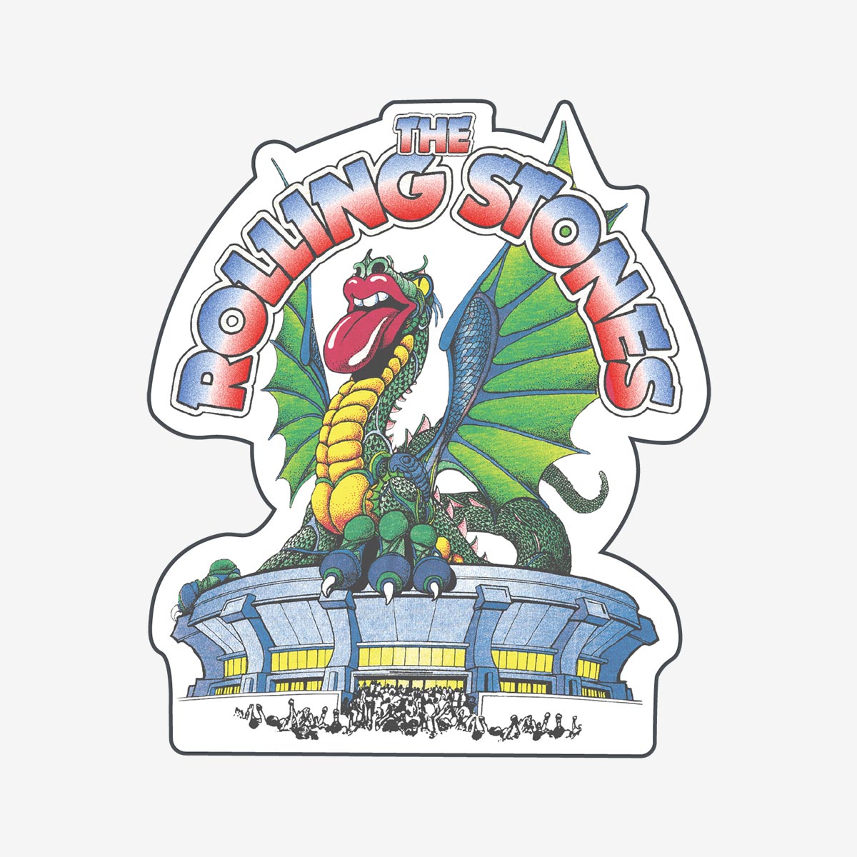 The Rolling Stones Artist Series pin showing a green dragon with blue wings above a stadium scene, curved band lettering at the top, and crowd detail at the bottom. image number 1
